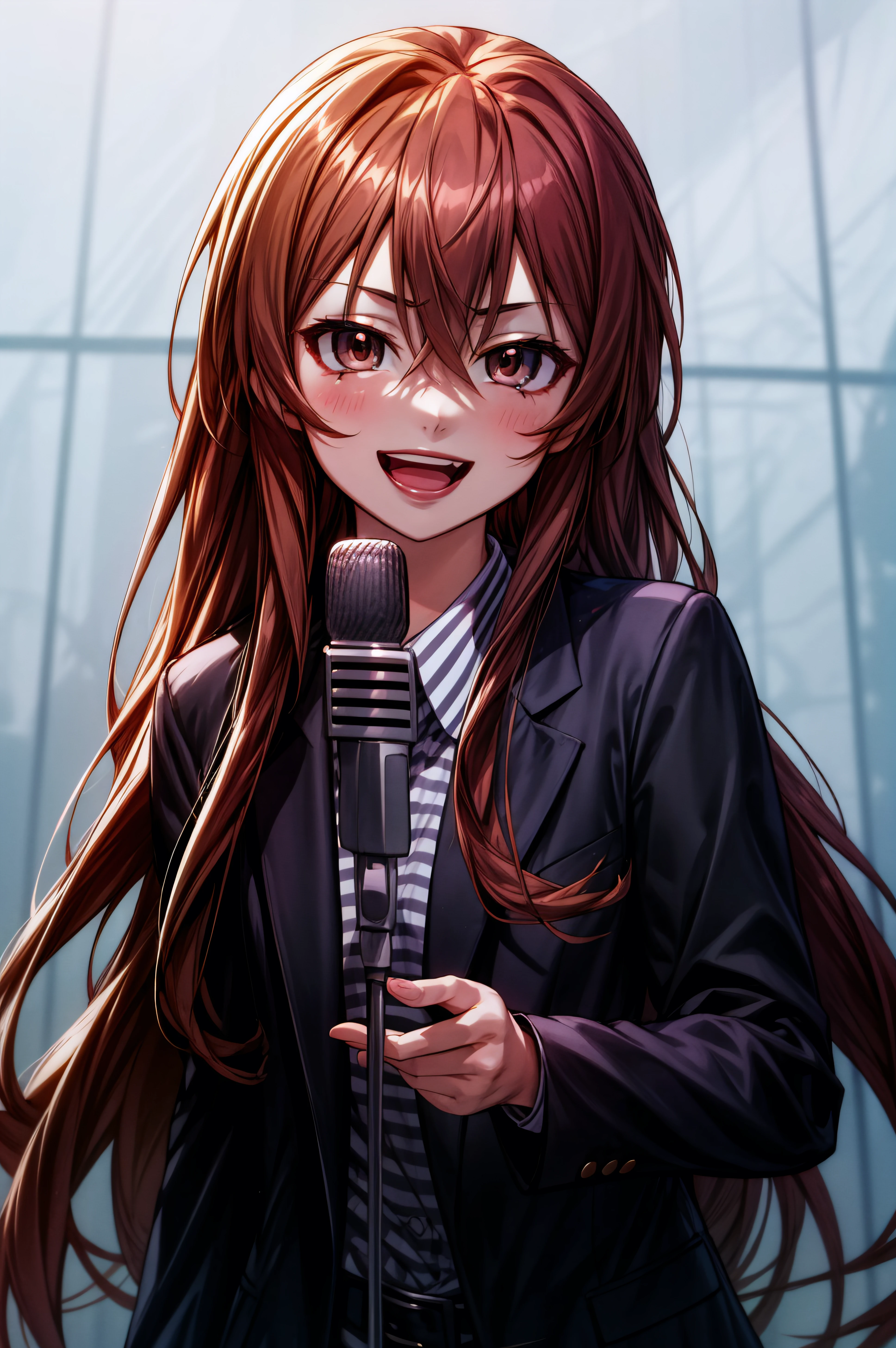 (masterpiece, best quality), <lora:aisaka taiga-lora-Faxtron:0.8> aisaka taiga, long hair, brown hair, hair between eyes, brown eyes,<lora:NeverGonnaGiveUUp:0.8> IncrsNeverGonnaGiveUUp, smile, open mouth, looking at viewer, microphone stand, upper body, black jacket, striped shirt, 
<lora:add_detail:0.8>,