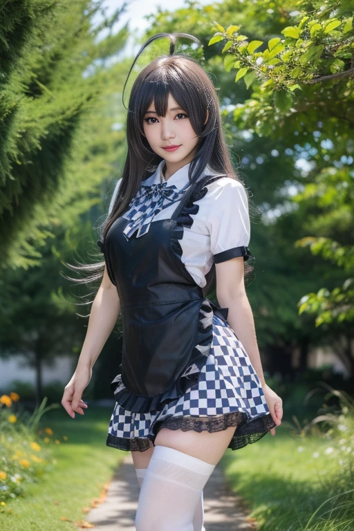 ltra-detailed,highly detailed,best quality,masterpiece,illustration,realistic,photorealistic,
nyaruko, 1girl, cosplay, solo,
collared shirt,checkered skirt, crossdressing, checkered bowtie, frilled short sleeves, puffy sleeves, black apron, thighhighs,
long hair, grey hair, ahoge,
looking at viewer,
outdoors, photo background, water, grass,reeds, autumn, autumn leaves,
<lora:nyaruko_v1_06:0.7>