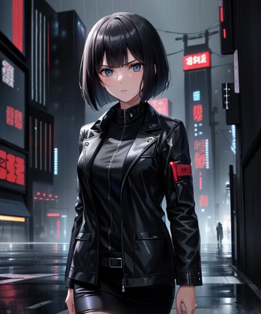 (adult woman), (1girl, solo), walking, ((black jacket)), serious, (black hair, bobcut), (blue eyes), ((future city, neotokyo, scifi city, cyberpunk)), (night, rain), ((best quality, high detail)), ((masterpiece)), <lora:1_fumio_13e:1>