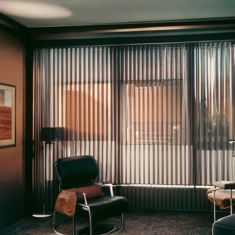 t0talr3call, inside a hotel room with a monitor on the wall and a black leather chair and a window with vertical blinds and a view of the surface of mars, film screencap, 35mm, Eastman 100T 5247, Eastman 400T 5295, Arriflex 35 BL4, Zeiss Super Speed Lens <lora:totalrecallstyle_lora:0.9>