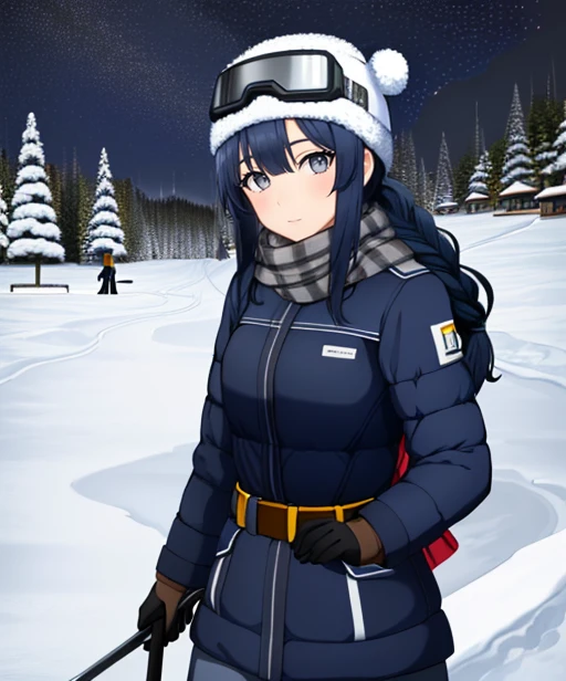 (adult woman), (1girl, solo), (looking at viewer), (ski goggles, goggles on head), (ski cap, ski coat, scarf), (blue hair, braid), (grey eyes), ((trees, slope)), (night, stars), (best quality, high detail), ((masterpiece)), <lora:1_koizumiamane_20e:1>