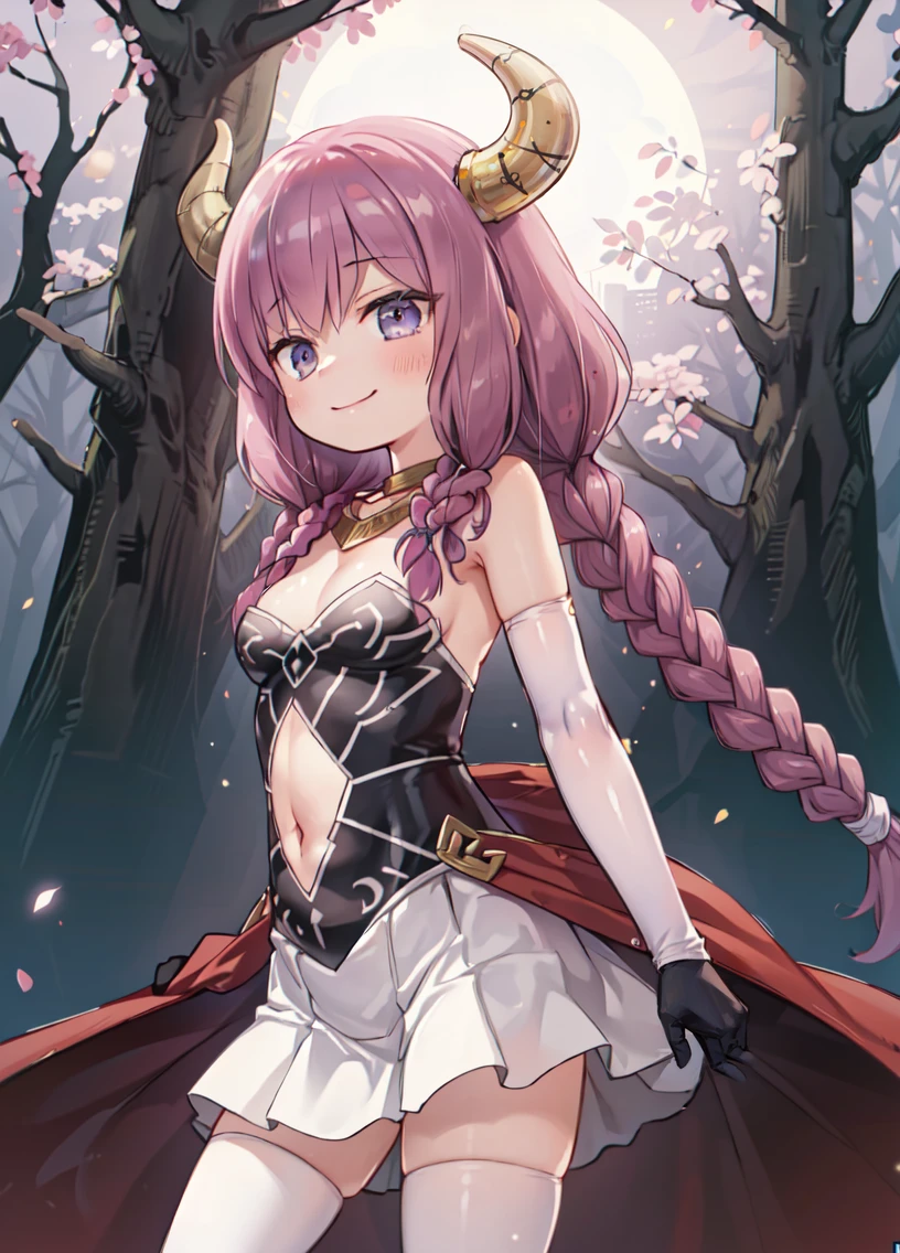 a woman in a dark forest, night, from side, evil smile
<lora:CHAR-AuraFrieren:0.8> AuraFrieren, horns, twin braids, necklace, strapless shirt, navel cutout, white skirt, red waist cape, elbow gloves, thigh boots
<lora:yukinominato_style_v3:.8>