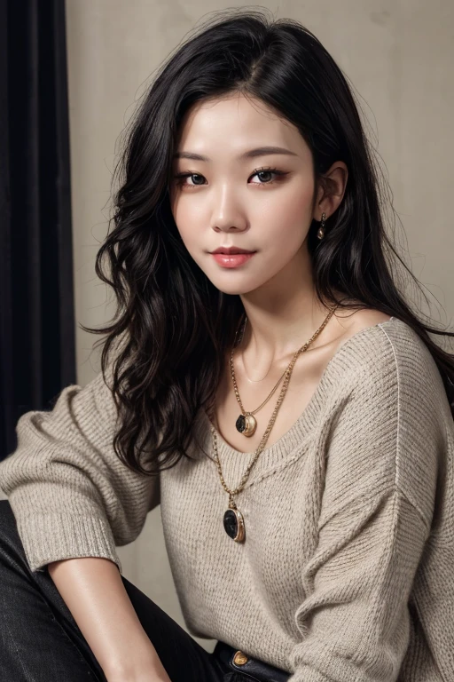 4k, 8k, ultra highres, raw photo in hdr, sharp focus, intricate texture, skin imperfections, realistic, detailed facial features, highly detailed face, posing,perfect lighting,long hair,black hair,makeup,necklace,close-up,sitting,korean, sweater, black jeans