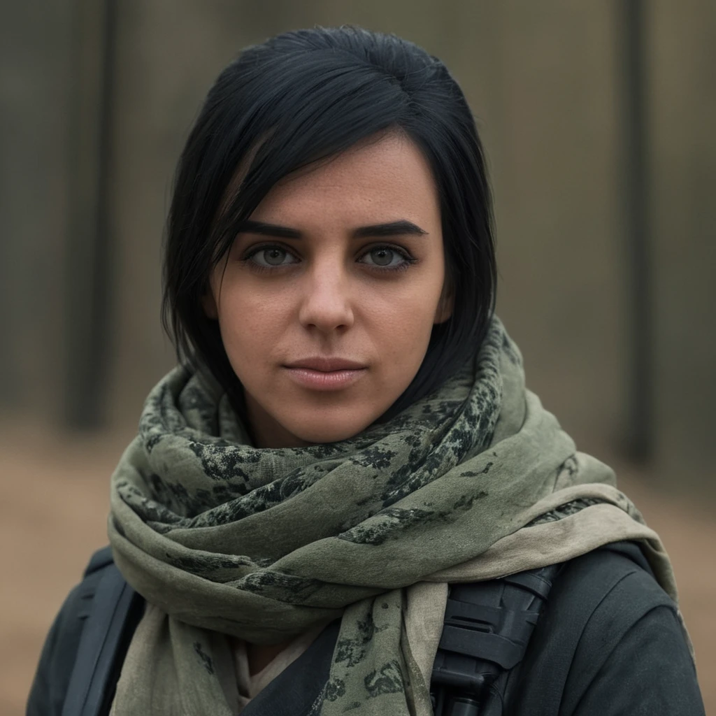 cinematic film still of closeup,Mara a woman with a scarf staring at camera modern warfare style,1girl,solo,long hair,looking at viewer,simple background,black hair,upper body,parted lips,scarf,black eyes,scar,portrait,realistic modern warfare style
<lora:Modern Warfare style:0.45> <lora:Mara:0.8>, shallow depth of field, vignette, highly detailed, high budget, bokeh, cinemascope, moody, epic, gorgeous, film grain, grainy