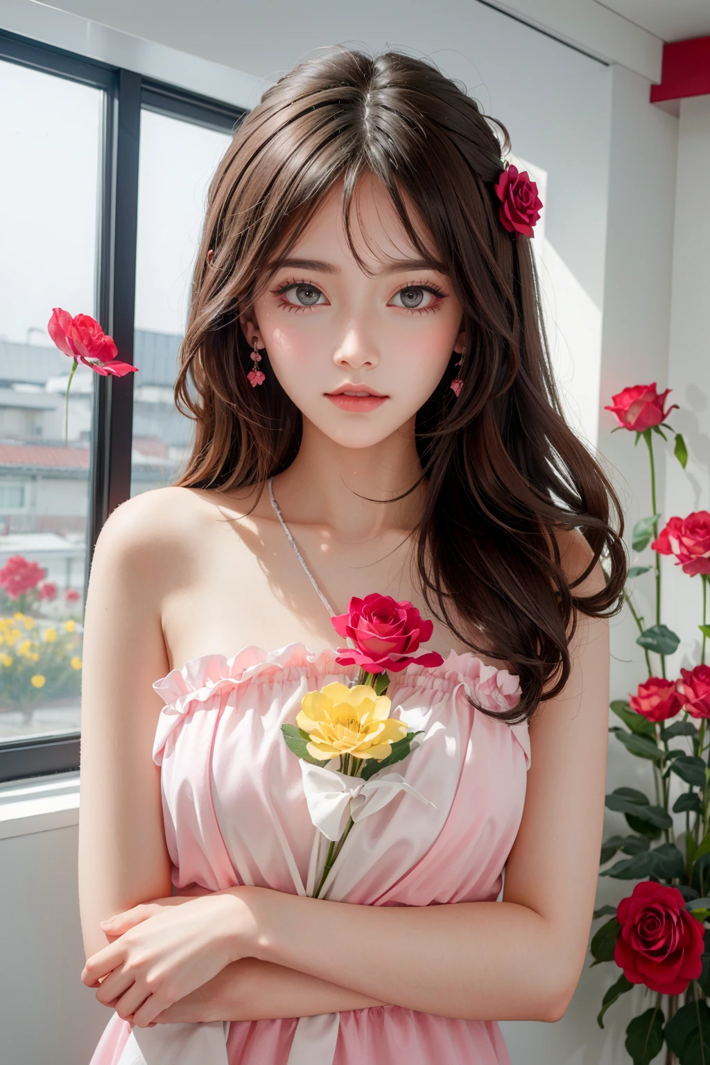 (masterpiece, high quality, 8k), 1girl,floral dress, rose, red flower, pink rose ,petals, rose petals, yellow flower, upper body,(nude), <lora:rose:1>