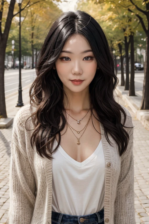 4k, 8k, ultra highres, raw photo in hdr, sharp focus, intricate texture, skin imperfections, realistic, detailed facial features, highly detailed face, posing,perfect lighting,long hair,black hair,makeup,necklace,korean, standing in a park, casual outfit,white shoes