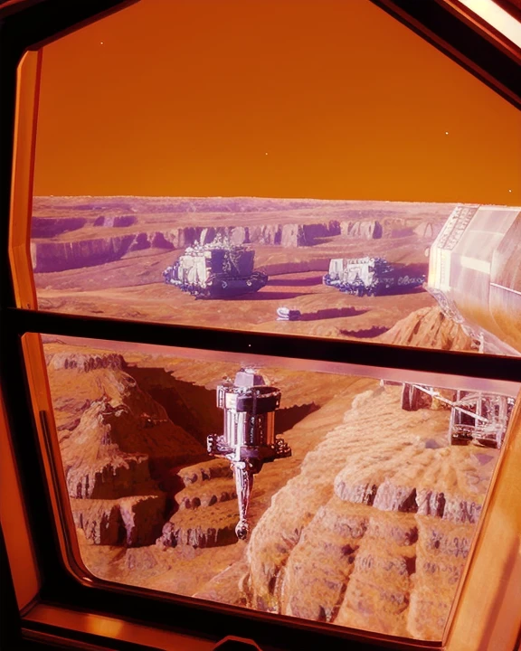 t0talr3call, a view outside a window of structures built onto the side of a cliff in a canyon on the surface of mars, mars mining operation, red sand, red sky, film screencap, 35mm, Eastman 100T 5247, Eastman 400T 5295, Arriflex 35 BL4, Zeiss Super Speed Lens, <lora:totalrecallstyle_lora:0.8>