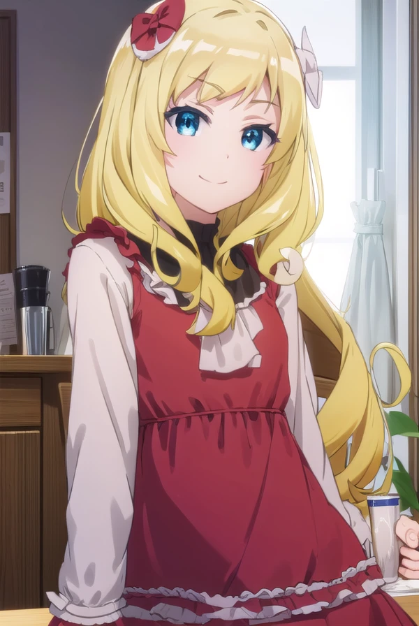 ashleyoono, <lora:ashley oono s1-lora-nochekaiser:1>,
ashley oono, long hair, blue eyes, blonde hair, hair ornament, drill hair, smile,
BREAK dress, pantyhose, red dress, long sleeves, frills,
BREAK indoors,
BREAK looking at viewer, (cowboy shot:1.5),
BREAK <lyco:GoodHands-beta2:1>, (masterpiece:1.2), best quality, high resolution, unity 8k wallpaper, (illustration:0.8), (beautiful detailed eyes:1.6), extremely detailed face, perfect lighting, extremely detailed CG, (perfect hands, perfect anatomy),