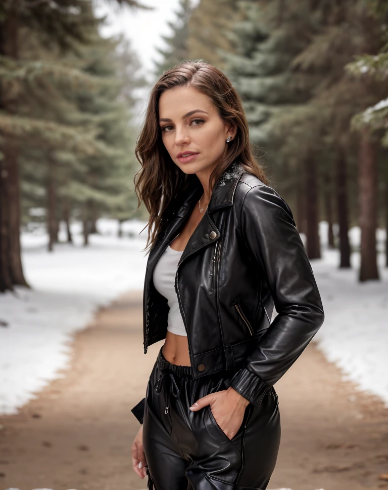 cinematic film still <lora:quiron_AbigailMac_v1_lora:0.87> , masterpiece ,realistic, best quality, AbigailMacQuiron, . shallow depth of field, vignette, highly detailed, high budget Hollywood movie, bokeh, cinemascope, moody, epic, gorgeous, film grain, grainy, , realistic, depth of field, RAW photo, a woman Dressed in the (style of Noir Saint Laurent leather jacket with Cargo joggers: A combination of cargo pants and joggers, with a relaxed fit and multiple pockets.) with Snow-covered Forest in the background , Pretending to be a pirate with a hook hand,