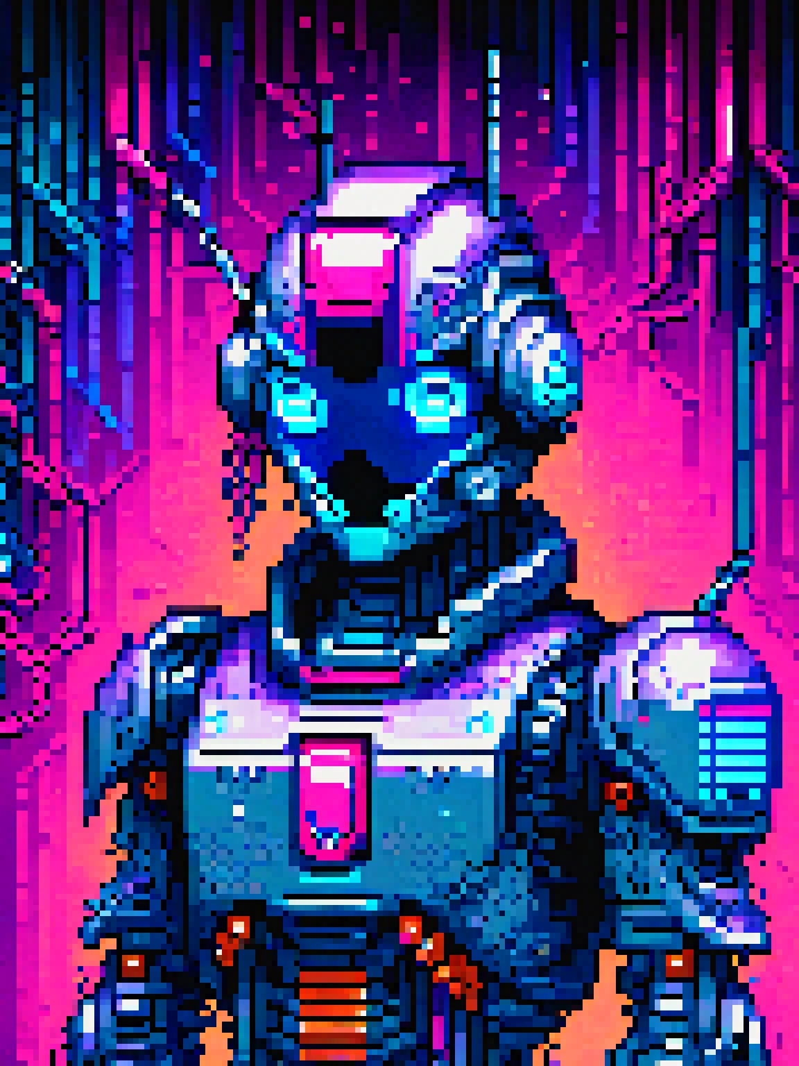 yamer_pixel_fusion, a futuristic robot, pixel art, made of metal and wires, neural network connections, red blue and orange wires, in front of the matrix, extremely detailed, masterpiece, 8k, 4k, vaporwave, <lora:Pixel_Fusion_LORA:1>