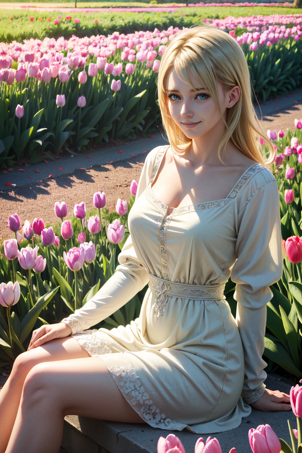 ((ultra detailed, masterpiece, absurdres))
<lora:HGFiona:0.9>
HGFiona, 1girl, blonde hair, blue eyes, in a field of tulips, golden hour, elegant dress, smiling