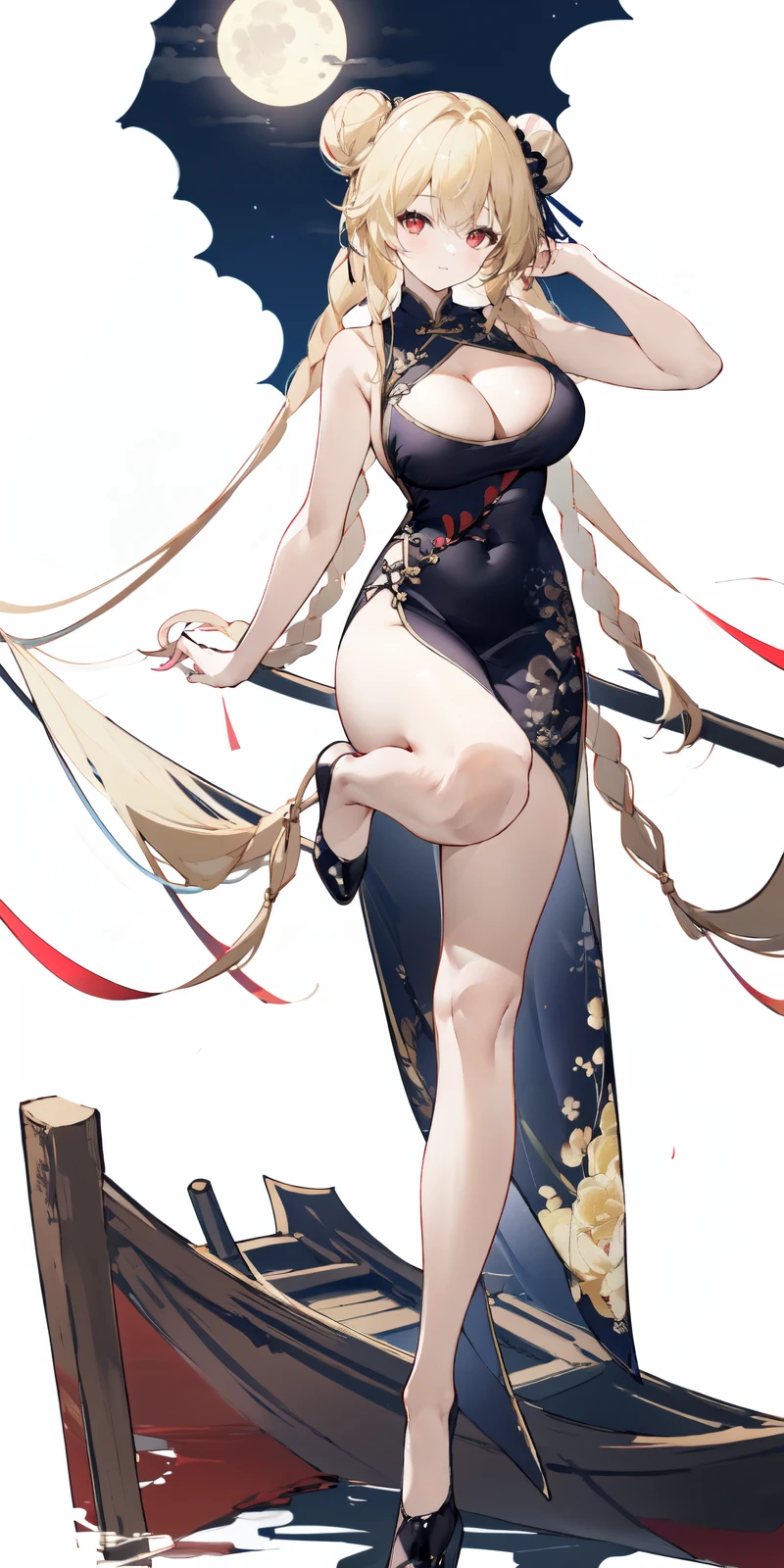 Anchorage ( Moonlit Boat Ride), 1girl, breasts, dress, solo, black dress, hair bun, china dress, double bun, standing on one leg, split, chinese clothes, high heels, cleavage, red eyes, braid, standing, standing split, blonde hair, black footwear, full body, looking at viewer, sleeveless dress, sleeveless, twin braids, cleavage cutout, large breasts, clothing cutout, white background, simple background, leg up, bare shoulders, bangs, legs, closed mouth, bare arms, armpits, thighs
<lora:Anchorage Moonlit Boat Ride_20240202152152:0.8>,<lora:azur lane_20230619144714-000018:0.3>,