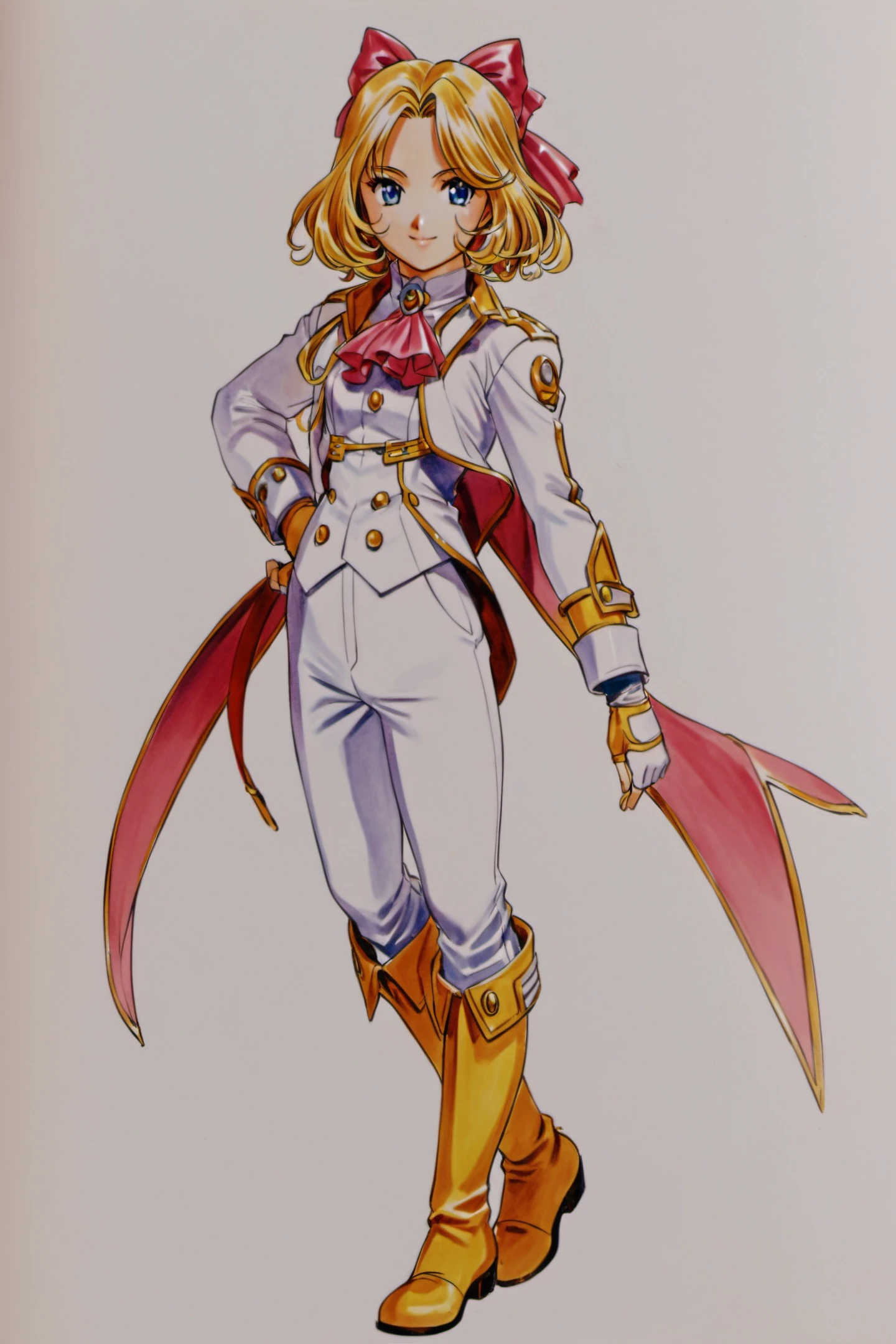 1girl, solo, white background, bow, blonde hair, smile, gloves, full body, simple background, fingerless gloves, white pants, boots, big hair bow, pants, looking at viewer, yellow footwear, long sleeves, blue eyes, standing, pink bow, jacket, closed mouth, white gloves, sash, buttons, bowtie, bangs, shirt, wavy hair, ascot, parted bangs, (short hair:1.4), ribbon, hair intakes, traditional media,<lora:Kosuke Fujishima_XL:0.8>