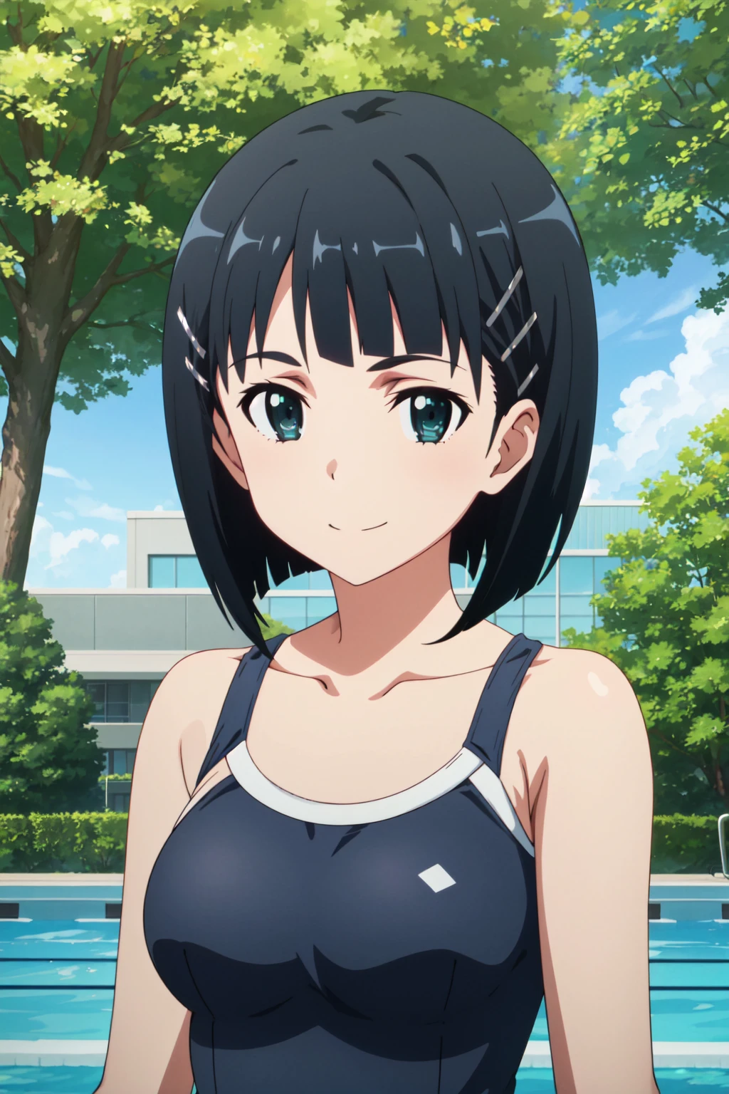 <lora:anime_screencap_v2:0.3>
EFT_Sao_Sis, kirigaya suguha, 1girl, solo, swimsuit, black hair, short hair, smile, hair ornament, hairclip, school swimsuit, one-piece swimsuit, collarbone, looking at viewer, upper body, green eyes, breasts, bangs, black eyes, anime coloring, tree , <lora:eft_sao_sis_1-02:0.8>