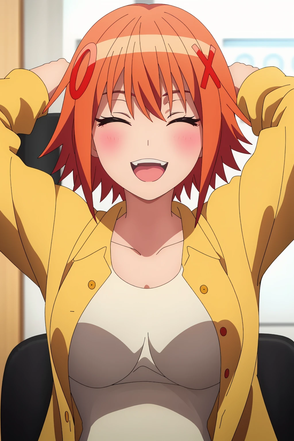 ((best quality)),((highly detailed)),masterpiece,absurdres,detailed face,beautiful face,(detailed eyes, deep eyes),1girl,((dynamic pose)) , <lora:IzumiV1:0.7>Izumi, closed eyes, open mouth, smile, solo, hair ornament, shirt, short hair, orange hair, breasts, open clothes, x hair ornament, upper body, :d, indoors, white shirt, arms up, bangs, jacket, long sleeves, large breasts, teeth, collared shirt, facing viewer, collarbone, ^_^, hairclip, open jacket, yellow shirt, sleeves rolled up, hair between eyes, buttons, blush, yellow jacket, upper teeth only, blurry, medium breasts, blurry background, chair, open shirt, unbuttoned