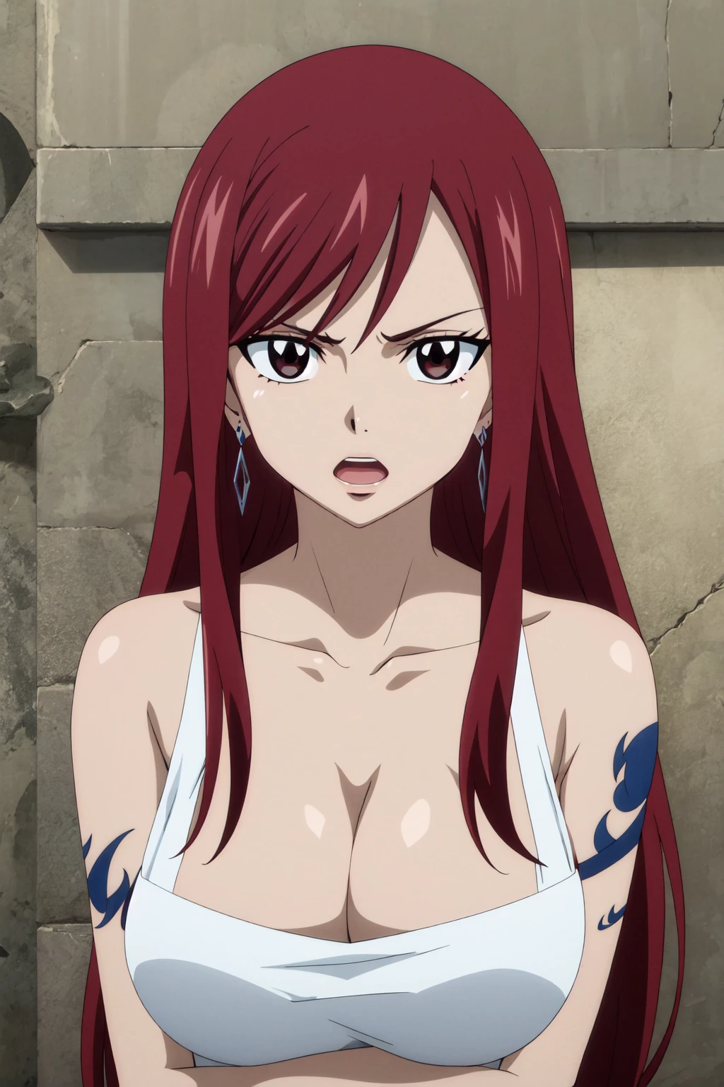 best quality, hires, Scarlet erza, (tiny black bikini only), location: wresting colosseum with crowd watching, adult woman, mature woman, big breasts, lying down, cowboy shot, best quality, ((right shoulder)), slightly strong arms, looking at viewer, important: shoulder tattoo only), big smile, (broad shoulders, strong arms), perfect body, no injuries, knocked down, clean body, from left side, push up, ((folded arms))