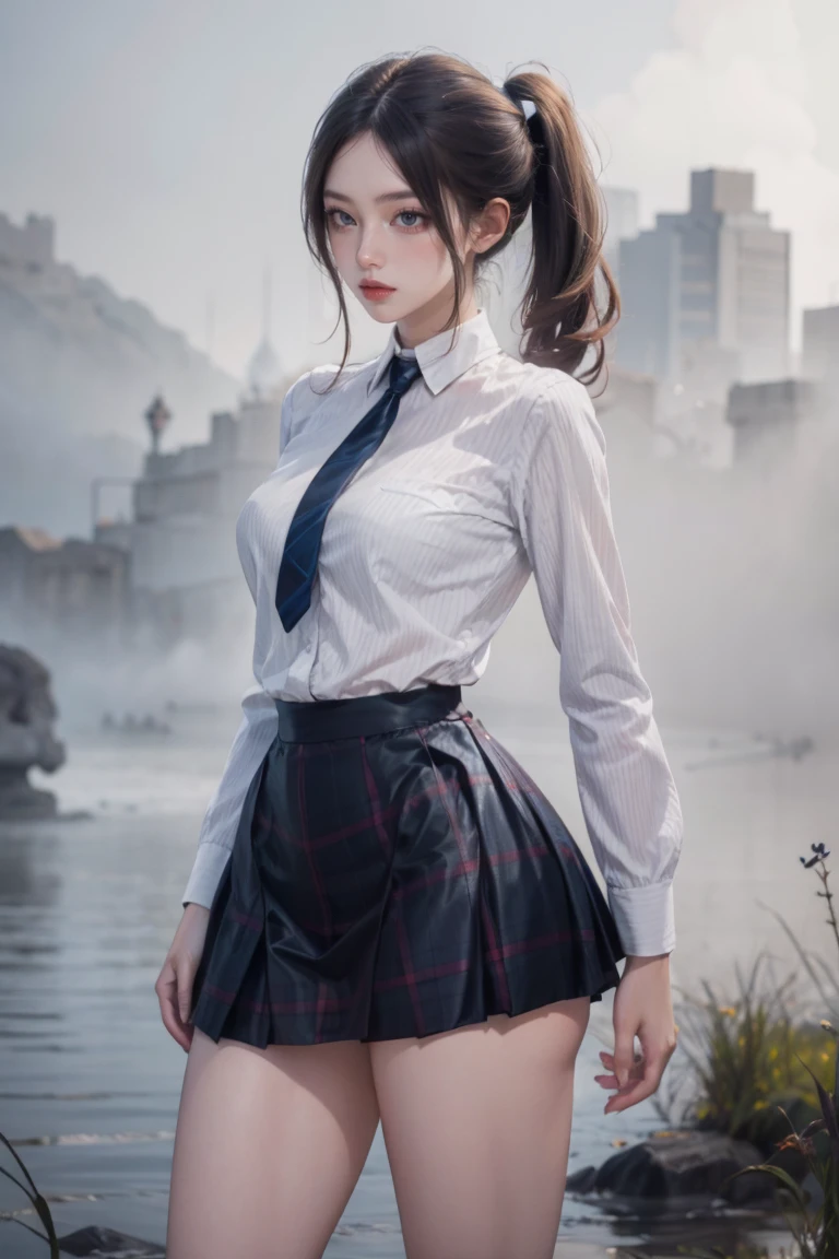 1girl, solo, medium brown hair, messy ponytail, grey eyes, looking to the side, cowboy shot, face focus, eyeliner, [from side], medium breasts, perfect hands, long legs, masterpiece, best quality, marshland, fog, envious, jealousy, shiny skin, modern clothing, Plaid schoolgirl skirt, knee-high socks, tied-up blouse