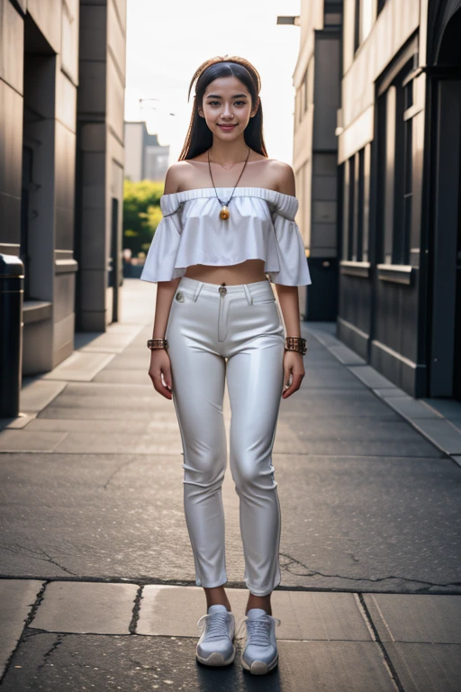 ((Masterpiece, best quality, cinematic lighting, 8k, full body shot, long hair)), (smile:0.85), (realistic background)
<lora:Latex_Shirt_Pant_By_Stable_Yogi:1> white latex off-shoulder shirt, pants, necklace, sneakers, hairband, bracelet