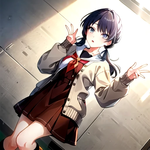 <lora:MuranoSayaka-09:0.7>, LLSayaka, looking at viewer, skirt,  long sleeves, twintails, school uniform,pleated skirt, parted lips, open clothes, shoes, serafuku, socks, sailor collar, neckerchief, sleeves past wrists, hands up, kneehighs, low twintails, brown footwear, cardigan, black socks, loafers, red neckerchief, brown skirt, open cardigan, brown cardigan