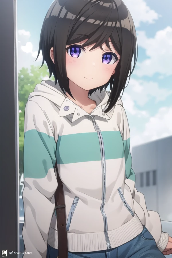 chihirohashima, <lora:chihiro hashima s1-lora-nochekaiser:1>,
chihiro hashima, short hair, black hair, (purple eyes:1.1), smile,
BREAK jacket, pants, hood, hoodie, denim, jeans,
BREAK indoors,
BREAK looking at viewer, (cowboy shot:1.5),
BREAK <lyco:GoodHands-beta2:1>, (masterpiece:1.2), best quality, high resolution, unity 8k wallpaper, (illustration:0.8), (beautiful detailed eyes:1.6), extremely detailed face, perfect lighting, extremely detailed CG, (perfect hands, perfect anatomy),