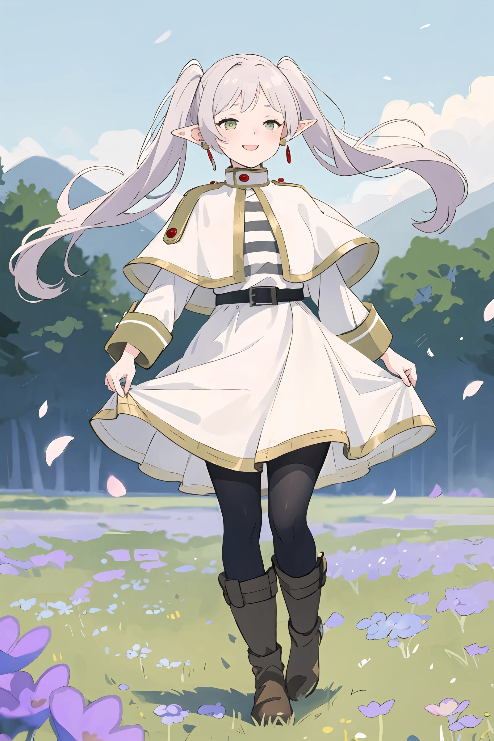 1girl, frieren, solo, twintails, earrings, black pantyhose, black belt, capelet, white skirt set, striped shirt, white jacket, brown boots, full body, (curtsey, skirt hold), floating hair, petals, flower field, scenery, outdoors, depth of field <lora:face-sensualface_type2:0.6>, ecstasy, gasping, light smile, masterpiece