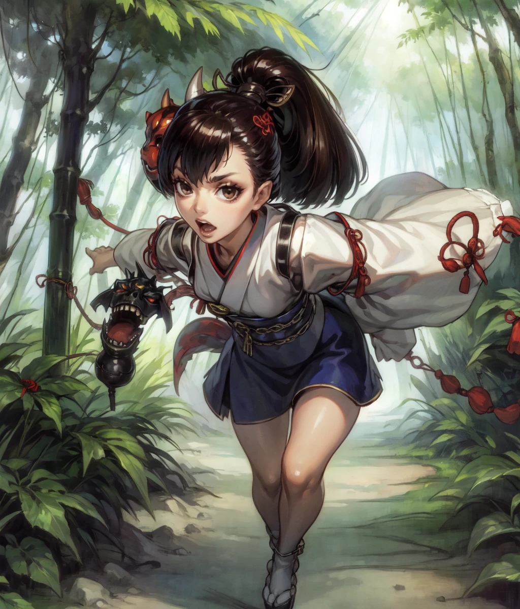 masterpiece, high res, detailed face, detailed eyes, anime screencap, 1 girl, slender, action pose, running, open mouth, angry, sickle, chain, japanese clothes, brown hair, ponytail, oni mask, head ornament, high heels, bare legs, obi, standing, outdoors, bamboo forest <lora:hatsuho:1>
