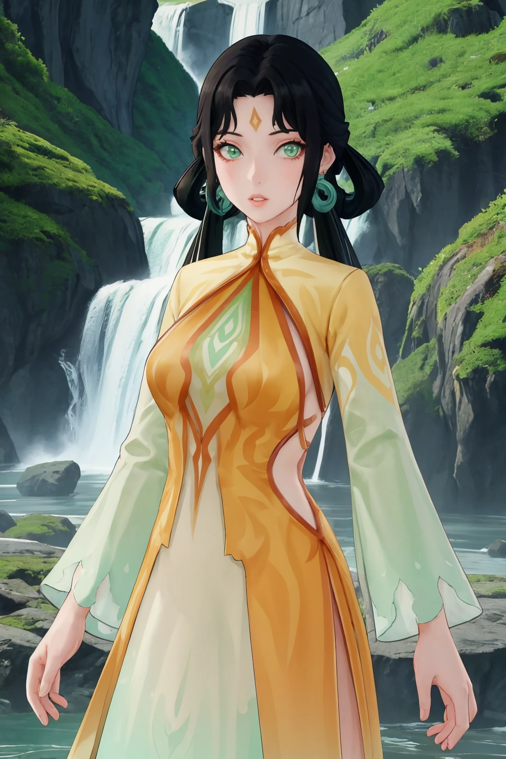 masterpiece, best quality, 1girl, solo, <lora:fujin-gi-richy-v1:1> fujin, hair ornament, hair rings, forehead jewel, earrings, orange dress, waterfall, standing, cowboy shot, looking at viewer, parted lips,