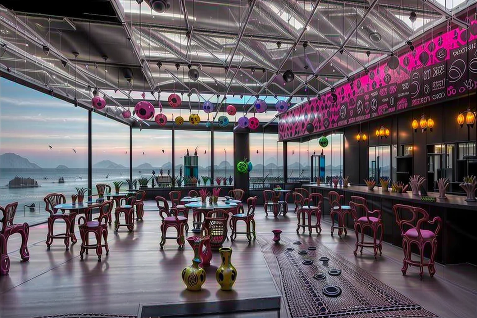 bar,sky bar,<lora:20240119-1705647975052:0.7>,Realistic image quality,photorealestic,8K,best qualtiy,masterpiece,movie-level quality,rendering by octane,architecture,city,city lights,cityscape,outdoors,real world location,rooftop,scenery,sky,skyscraper,sunset,building,night,bar counter,cup,the bar on the rooftop,<lora:Yayoi Kusama:0.6>,Yayoi Kusama,