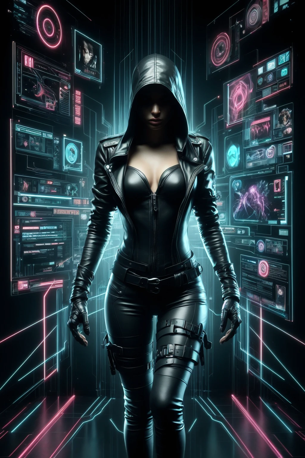 woman in dark matrix, Pointing pose, cablelink, holodrift <lora:Neon_Cyberpunk_SD1.5:0.7> badhandv4, (masterpiece:1.2), best quality