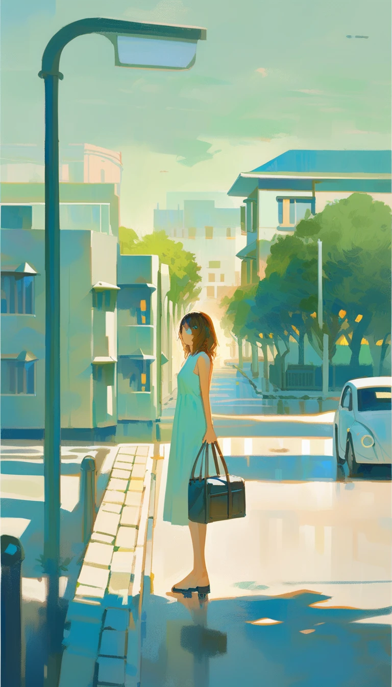 A woman with brown hair is standing on the sidewalk,wearing a white dress. She is holding a bag in one hand and seems to be looking towards the right side of the image. In the background,there are buildings,lampposts,trees,and a white car parked on the road. The sky appears to be clear,suggesting it might be a sunny day. The entire scene is painted with a soft,impressionistic style,with prominent use of green and blue tones.,<lora:ãµããã-000060:1>,, masterpiece, best quality,