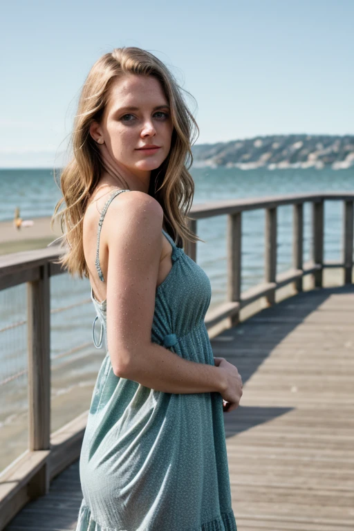 candid full grain, close up photo of natfran wearing colorful beautiful detailed sun dress looking at camera, wind lifting dress panties showing, posing, waterfront boardwalk, beach, 4k textures, soft cinematic light, intricate, elegant, highly detailed, sharp focus, cinematic, <lora:NatalieFrancis-v18:0.85>