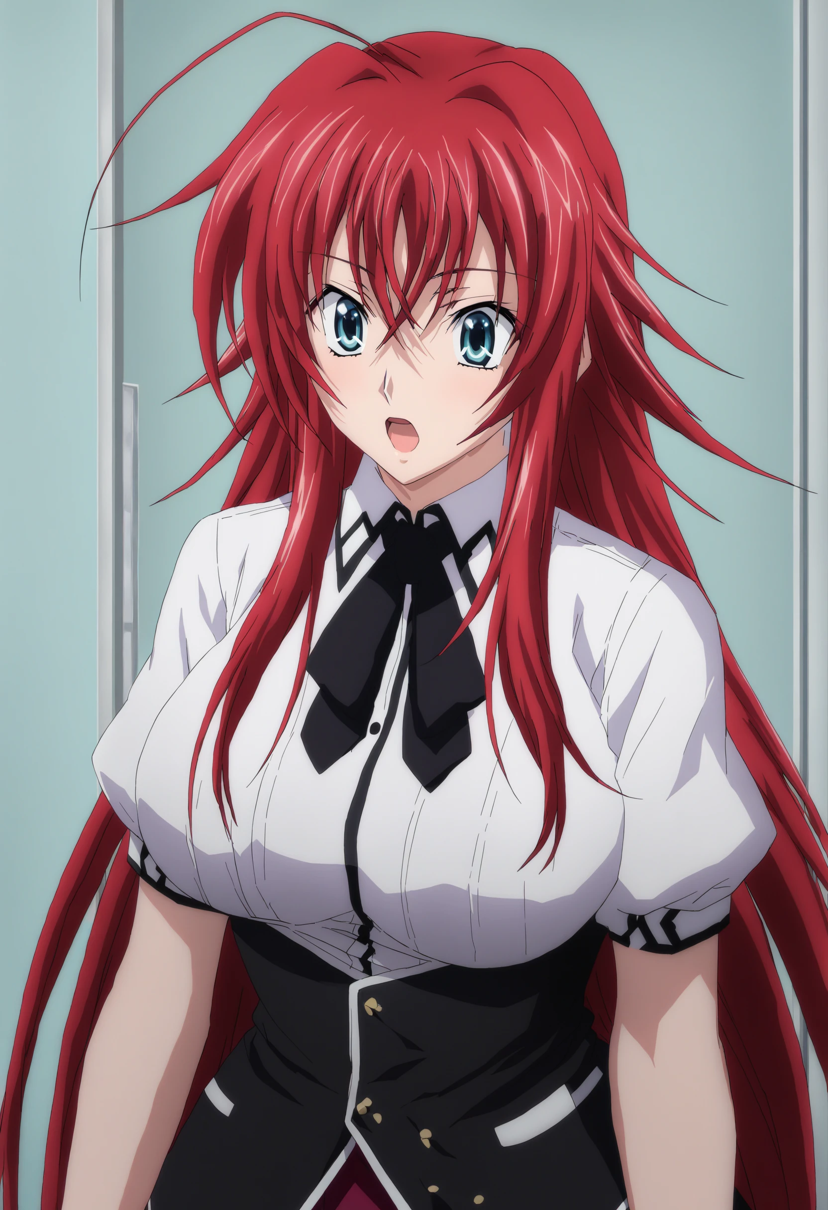 anime art style, 2d, masterpiece, best quality, very aesthetic, absurdres, dynamic shadows, atmosferic, (1girl), rias_gremory,, high_school_dxd, solo, red hair, antenna hair, long hair, blue eyes, detailed eyes, hair between eyes, bangs, medium breasts, curvy body, makeup, (school uniform:1.0), (miniskirt:1.0), black ribbon, pleated skirt, frilled skirt, purple skirt, white shirt, puffy sleeves, black shoes, white socks, (ahegao), tongue, saliva, (cowboy shot), from behind, grabbing own ass, (wariza), spread legs, (looking at viewer), clouds, day, beach, sea