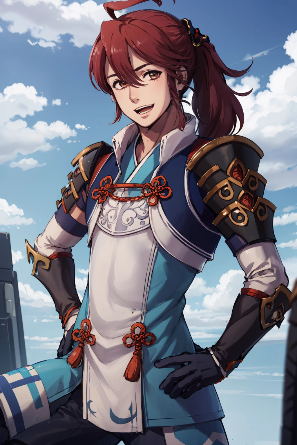 highest quality, sky, clouds, 1boy, solo, looking at viewer, open mouth, smile, hand on hip, <lora:SubakiFE:0.9> subakiFE, gloves, ponytail, armor