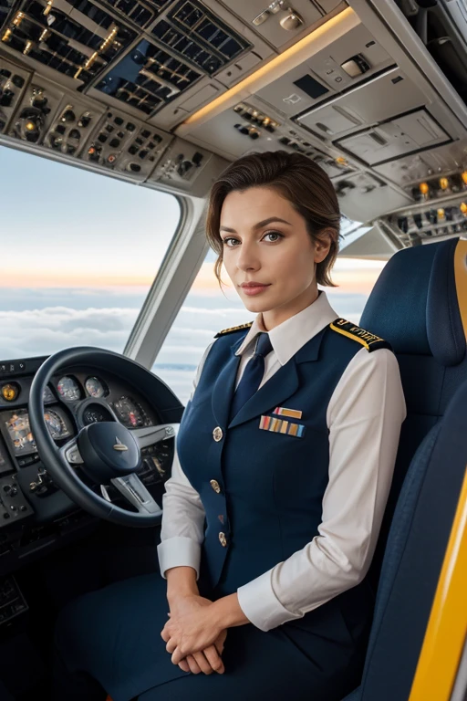A beautiful lady pilot, with detailed features and a realistic appearance, in the best quality 4k,8k, high-resolution masterpiece image. The portrait should showcase the pilot's detailed eyes, lips, and face. The lady pilot should be depicted wearing a pilot uniform and sitting in the cockpit of a modern aircraft. The lighting should be professionally done, creating a perfectly lit and vibrant scene. The overall color tone should be realistic and vivid, with sharp focus and extreme attention to detail. The artwork should have a photorealistic style, highlighting the pilot's profession and capturing the essence of piloting.