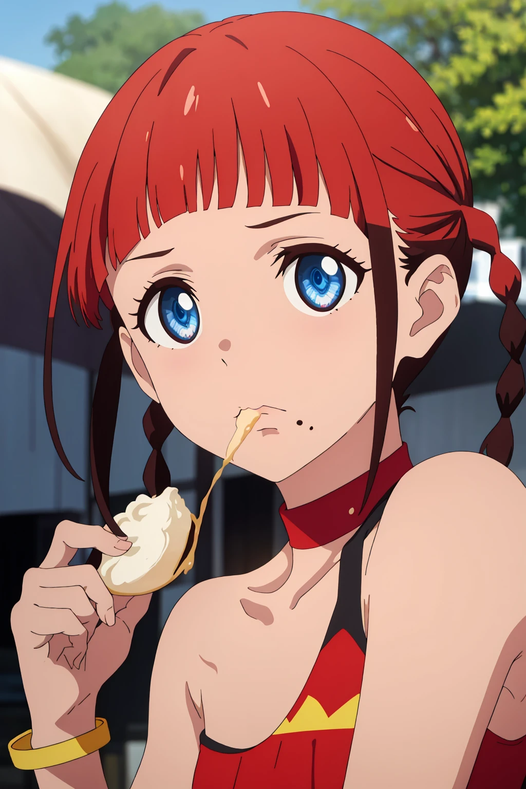 ((best quality)),((highly detailed)),masterpiece,absurdres,detailed face,beautiful face,(detailed eyes, deep eyes),1girl,((dynamic pose))   <lora:ChiseV1:0.7>, <lora:animemix_v3_offset:0.8>Chise, mole, red hair, blue eyes, food, solo, braid, twin braids, mole under mouth, jewelry, bracelet, looking at viewer, bare shoulders, holding, blunt bangs, bangs, frown, holding food, mole under eye, upper body, short hair, halterneck, collarbone, outdoors, twintails, swimsuit, closed mouth, red shirt, photo background, eating, blurry, flat chest, sleeveless
