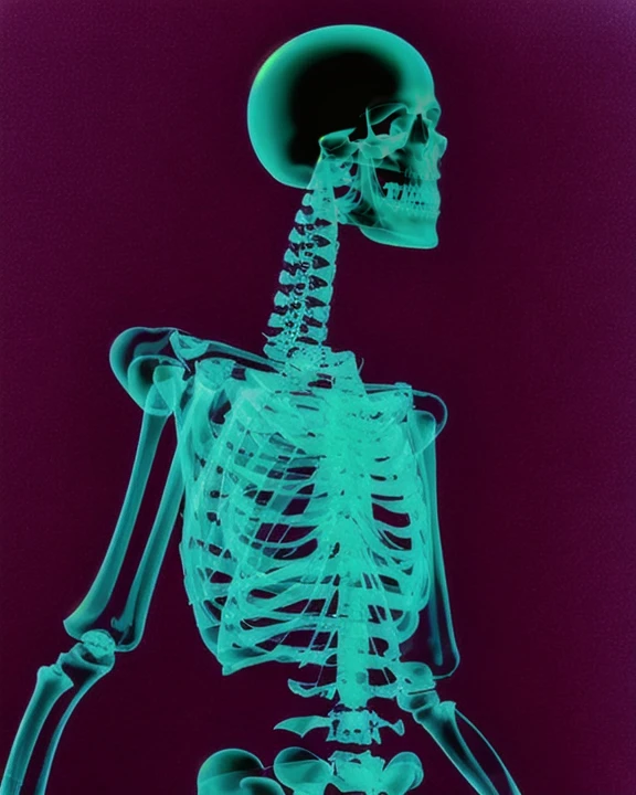 Una figura mitad humano, mitad esqueleto, con colores alucinantes que parecen danzar sobre su forma, detalles exquisitos al estilo de Warhol resaltando las transiciones entre la carne y los huesos, A vibrant aura of energy in its surroundings, generando curiosidad y asombro, 插圖, Mixed media of acrylic and colored pencils, --ar 16:9 --v 5