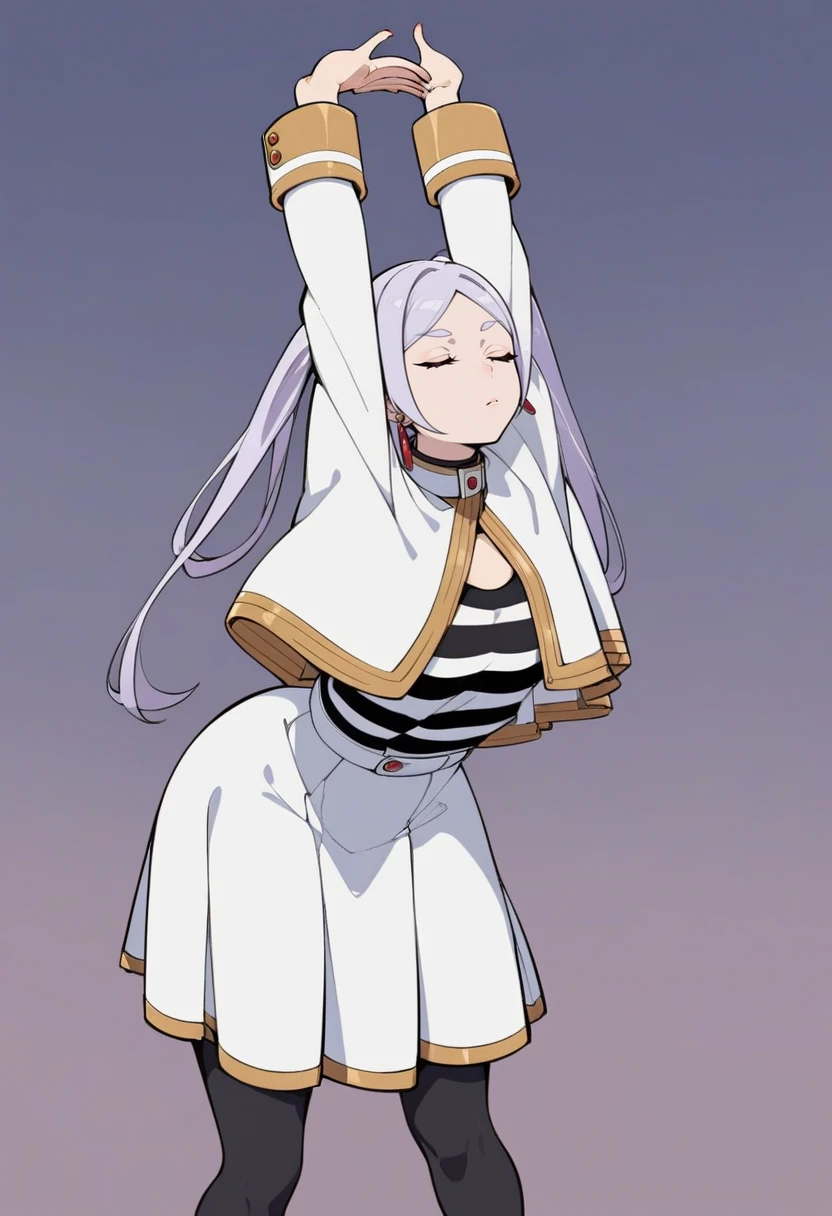 solo, 1girl, frieren \(sousou no frieren\), sousou no frieren, expressionless, cammystretch, stretching, leaning forward, arms up, twintails, closed eyes, capelet, striped shirt, white skirt, black pantyhose, earrings,<lora:EMS-281829-EMS:1.000000>