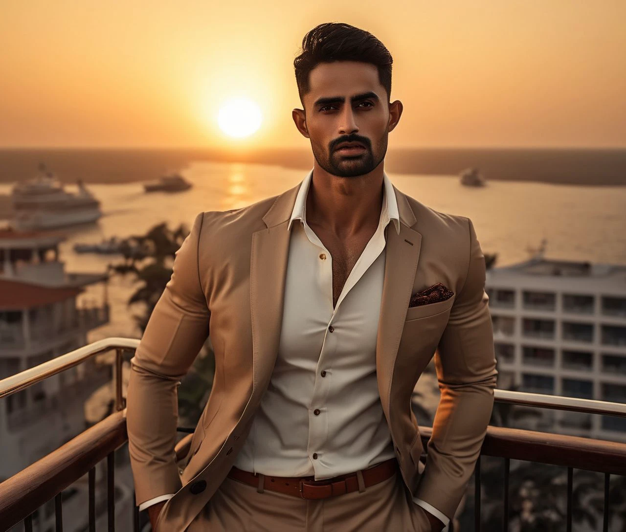 Nautical-themed (Photo:1.3) of (Ultrarealistic:1.3) <lora:Man_Men_FFashion:1> Dani Carvajal a man <lora:kuldeep-Dani-Carvajal:1> in a tan suit standing on a balcony, sun behind him, inspired by Pablo Munoz Gomez, shot at golden hour, editorial photograph, midshot of a hunky, by Roman Bezpalkiv, by Artur Tarnowski, maxim sukharev, by Gabor Szikszai,Highly Detailed,(Mono Color:1.3) . Sea, ocean, ships, maritime, beach, marine life, highly detailed