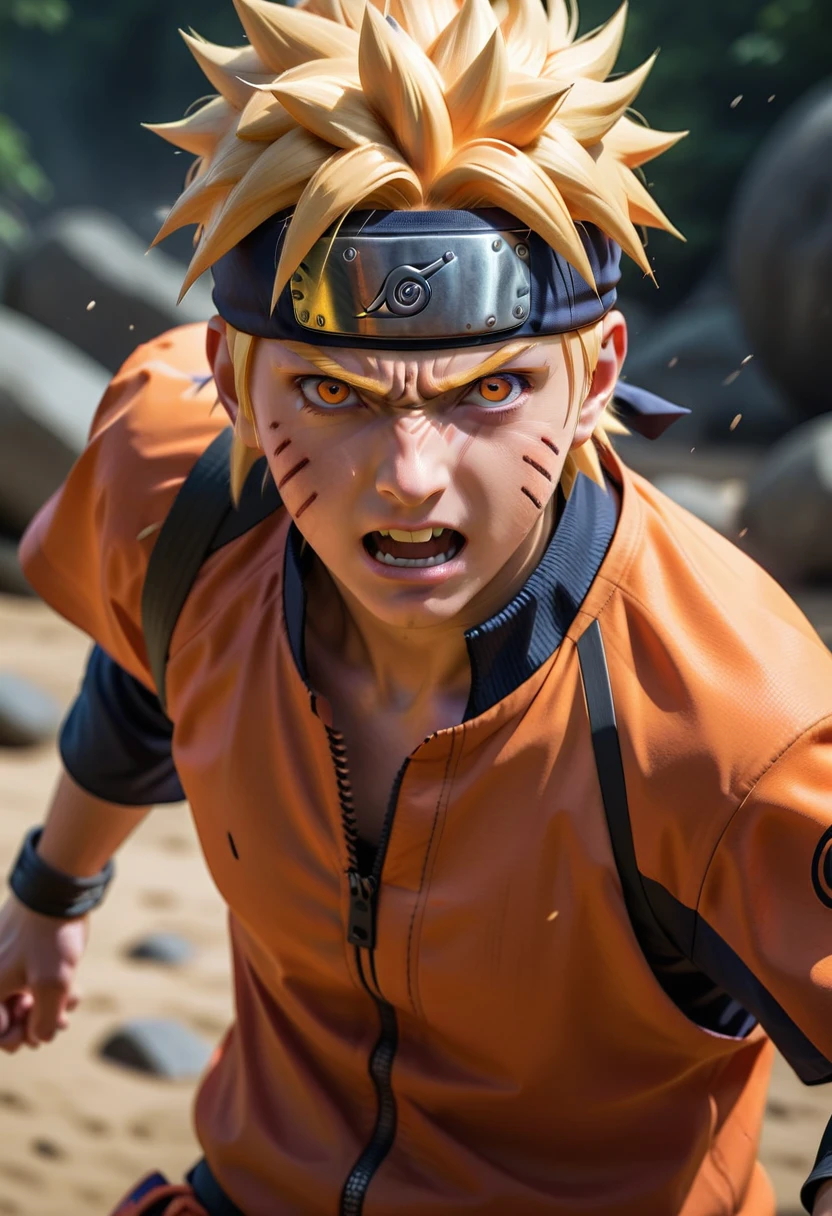 naruto having his final battle, closeup shot, he is angry, realistic photo, 8k, perfection, simi realiality. orange shirt
