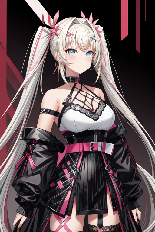 ashelia, asymmetrical legwear, bangs, bare shoulders, black footwear, black jacket, black skirt, boots, breasts, earrings, hair between eyes, hair ornament, jacket, jewelry, long hair, long sleeves, off shoulder, open clothes, open jacket, pink legwear, shirt, single thighhigh, skirt, sleeveless, sleeveless shirt, smile, standing, straight-on, thigh strap, thighhighs, twintails, very long hair, virtual youtuber, lace trim, ((cyan eyes)), ((blonde platinum hair)), pink streaked hair, <lora:add_detail:1.2>, <lora:hyperrefiner_v090:1>,
1girl, bangs, bare shoulders, breasts, closed mouth, collarbone, cross, cross earrings, earrings, eyebrows visible through hair, fishnets, hair ornament, jacket, jewelry, lace trim, long hair, multicolored hair, off shoulder, pink bow, pink ribbon, smile, star \(symbol\), ((lightning earrings)), star hair ornament, streaked hair, twintails, upper body, virtual youtuber, x hair ornament, ((solo)), oval eyes, <lora:LIA-PC_2:0.8>, ((((upper body))))