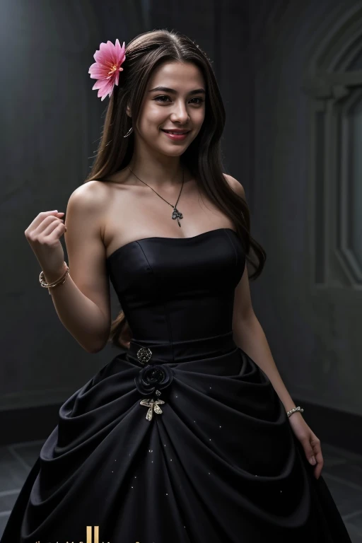 ((Masterpiece, best quality, cinematic lighting, 8k, full body shot, long hair)), (smile:0.85), (realistic background)
<lora:X1_Gown_By_Stable_Yogi:1> black strapless dress, bracelets, hair ornaments, hair flower, necklace