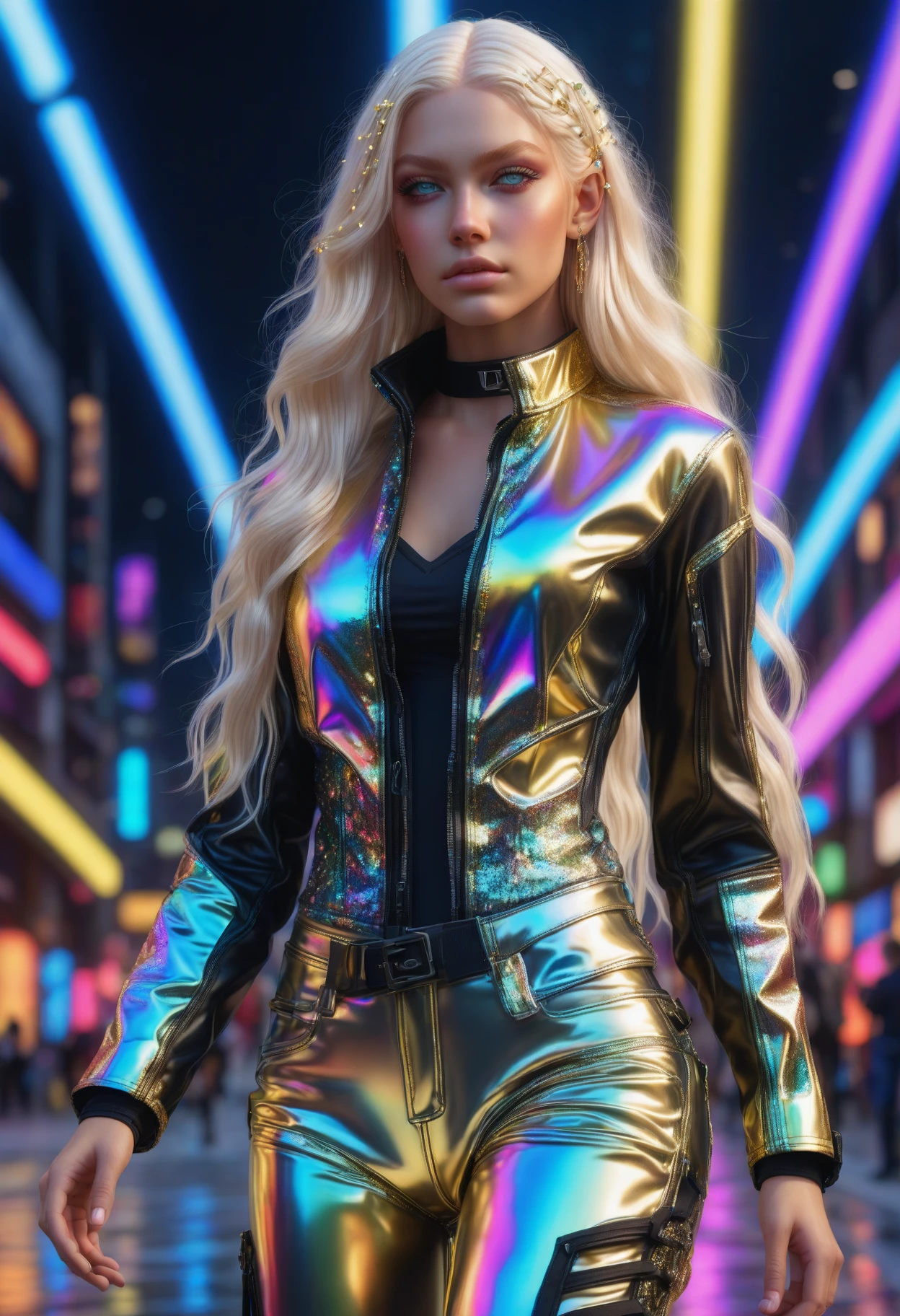 photorealistic, DonMM1y4XL gold cybernetic mesh texture synth-leather joggers, neon sequin corset, holo-led lace-up booties, , rainbow valley, alpine tundra, upper body, emotion