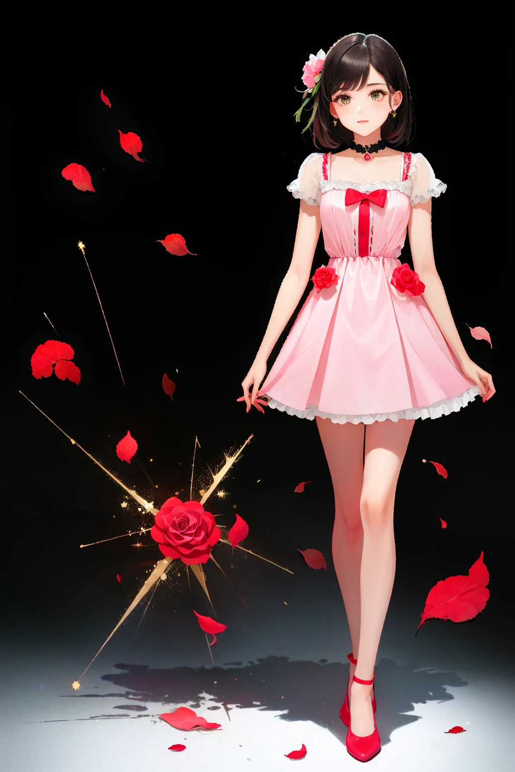 (masterpiece, high quality, 8k), 1girl,floral dress, rose, red flower, pink rose ,petals, rose petals, yellow flower,  full body, <lora:rose:1.5>