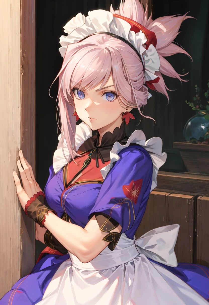 best quality, masterpiece, highres, solo, {miyamoto_musashi_fgo:0.90}, {maid:1.40}, {long maid dress:1.15}