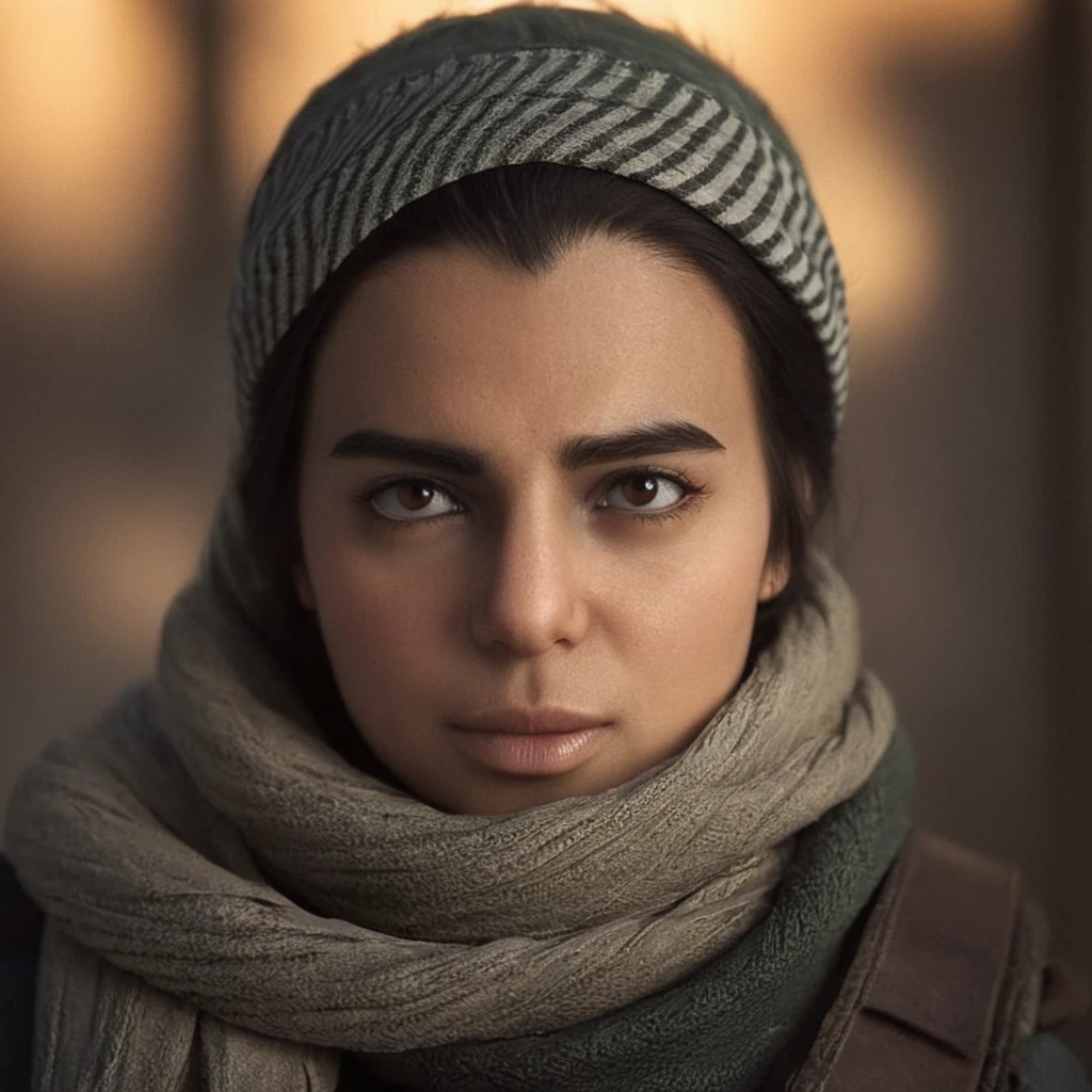 cinematic film still of Farah Karim a woman in a scarf hat and scarf staring at camera modern warfare style,1girl,solo,looking at viewer,black hair,hat,brown eyes,closed mouth,solo focus,dark skin,scarf,blurry,lips,blurry background,portrait,realistic modern warfare style
 <lora:Modern Warfare style:0.55> <lora:Farah Karim:0.8>, shallow depth of field, vignette, highly detailed, high budget, bokeh, cinemascope, moody, epic, gorgeous, film grain, grainy
