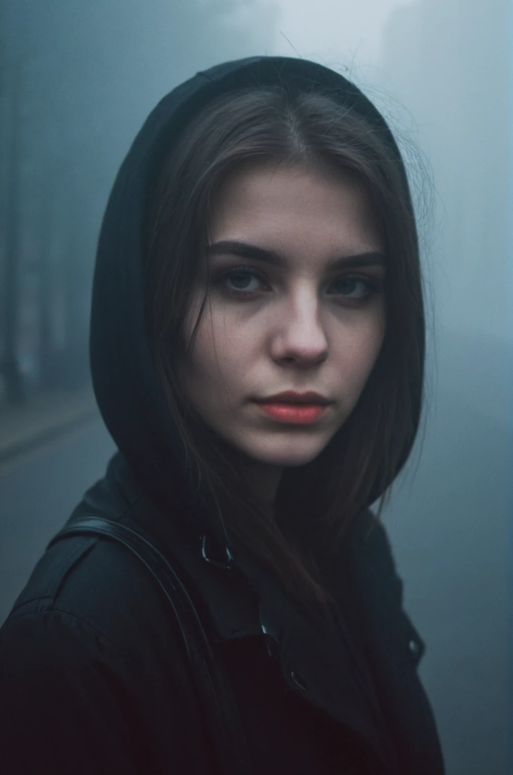 city street, neon, fog, volumetric, closeup portrait photo of young woman in dark clothes, 35mm photography