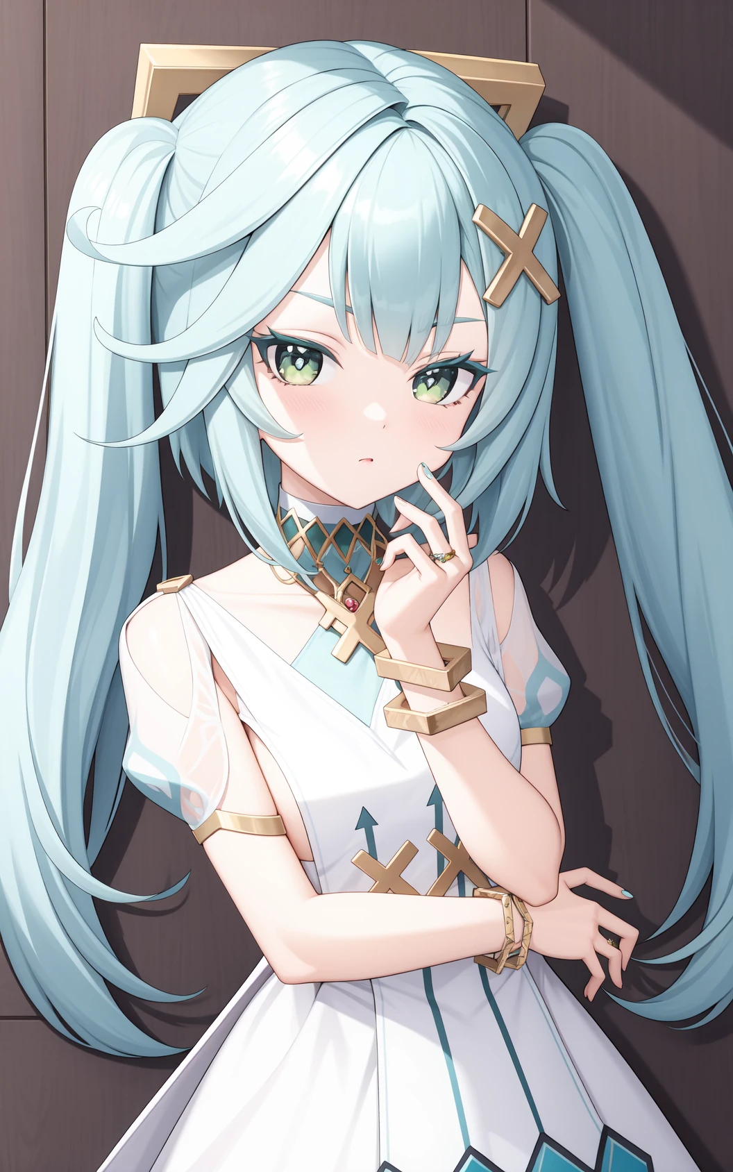 <lora:çé²çlocon:0.8:lbw=char>,falushan,twintails,long hair,hair ornament,x hair ornament,aqua hair,bangs,dress,green eyes,jewelry,white dress,bracelet,short sleeves,symbol-shaped pupils,, 1girl,
, (masterpiece,best quality:1.2),absurdres