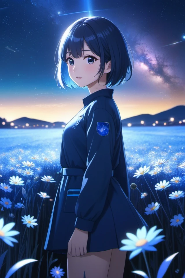 anime girl, night, blue light behind her, ((Galaxy, Lens flare)), short hair, flower field, night sky, cinematic shot. Wallpaper. (Blue color schema), detailed background, a city in the distance