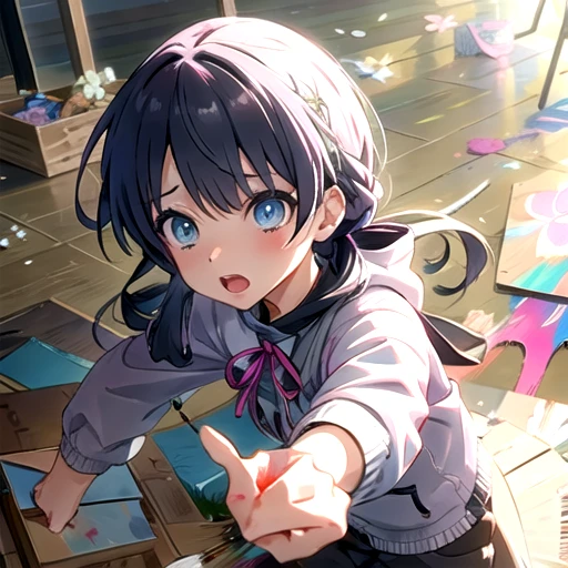 <lora:MuranoSayaka-09:0.7>, LLSayaka, open mouth, long sleeves, ribbon, holding, jacket, flower, indoors, sunlight, box, pink flower, wooden floor, paintbrush, cardboard box, paint, holding paintbrush, painting (action), paint splatter on face