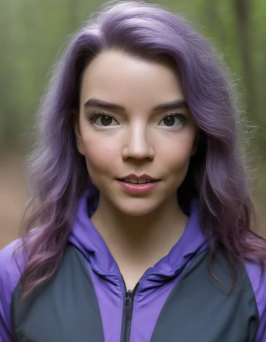 closeup portrait picture of atjx woman, (wearing a Windbreaker:1.2),(Jogging:1.2),(on a Trail, nature, early morning:1.2) , eye makeup, smoky eyeshadow, purple dyed hair
<lora:AnyaTaylorJoyDoguXLstart@1.24:1.35>  <lora:sdxl_offset_example_v10:0.4>